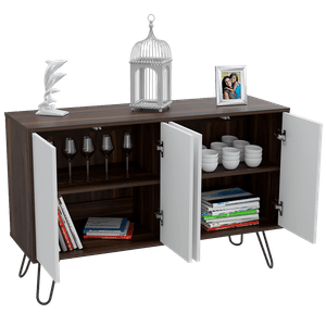 Mesa Auxiliar Lara, Caoba Y Blanco, con varios entrepaños y patas metálicas