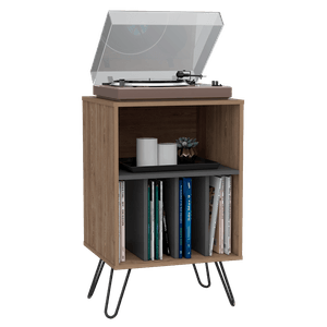 Mueble Auxiliar Lara, Miel y Plata oscuro, con patas en acero y espacio para objetos decorativos