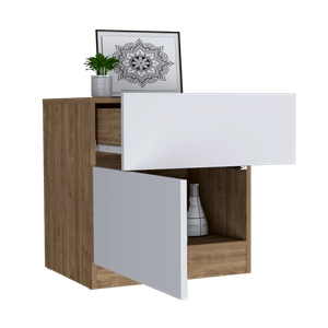 Mesa de Noche Nebrask, Miel y Blanco, con un cajón organizador