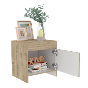 Mesa de Noche Tutto, Macadamia y Blanco Duqueza, con cajón para guardar objetos ideal para espacios reducidos