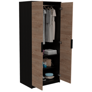 Closet Wesley, Wengue y Miel, con un tubo cromado y dos puertas batientes