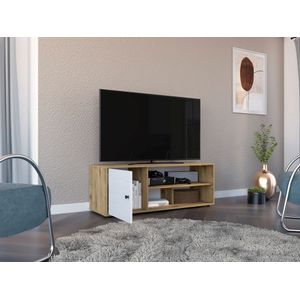 Mesa Para Tv Noah, Macadamia y Blanco Vainilla, con Variedad de Entrepaños