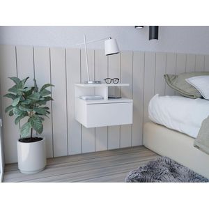Mesa de Noche Flotante Nube, Blanco con un Cajon y Division de dos Entrepaños ZF