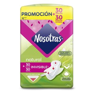 Oferta Toallas Higienicas Natural Invisible Tela X 30Und + Pañito Humedo X 30Und